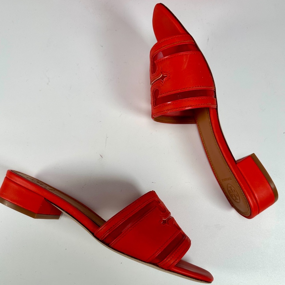 NIB Tory Burch Stitched Logo 30 mm Slide Sandals Calf Leather/Mesh Patent - Picture 5 of 11